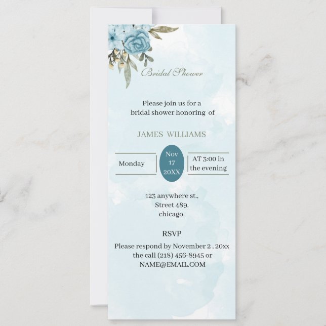 Convite Flores azuis Elegantes de Chá de panela Personaliz (Frente)