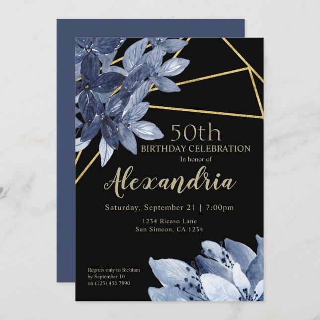 Convite Flores Azuis Elegantes e Festa de aniversário Dour (Frente/Verso)