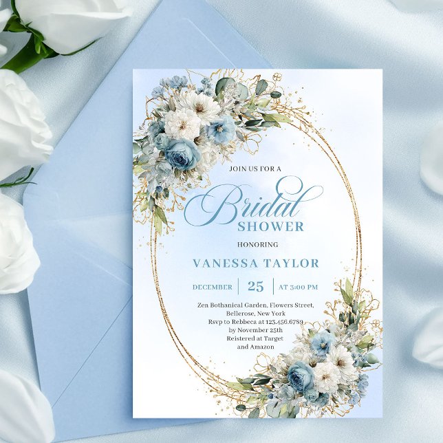 Convite Flores Azuis Empoeiradas Modernas Quadro Dourado C (Modern Dusty Blue Flowers Gold Frame Bridal Shower Invite)