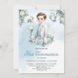 Convite Flores azuis legantes sage Primeira Comunhão