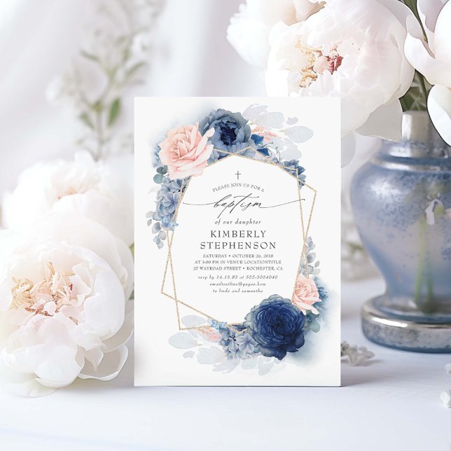 Convite Flores Azuis Marinho Rosa Dusta Flores Elegantes B (Dusty Blue and Pink Floral Boho Baptism Invitations)