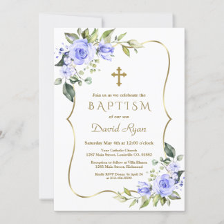 Convite Flores Azuis Modernas, Dourado Batismo Cruzeiro