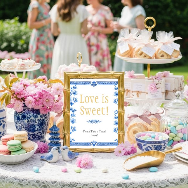 Convite Flores azuis "O Amor é Doce" Placa (Blue blossom florals "Love is Sweet" Sign)