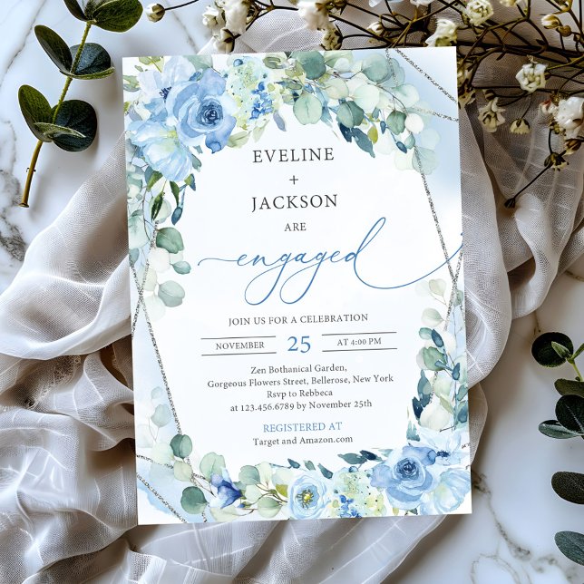 Convite Flores azuis opulentas Noivado de boho prateado (chic watercolor boho blue flowers eucalyptus silver frame engagement invitation)