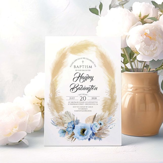 Convite Flores Azuis Pampas Grass Baptism (Dusty Blue Baptism Invitations)