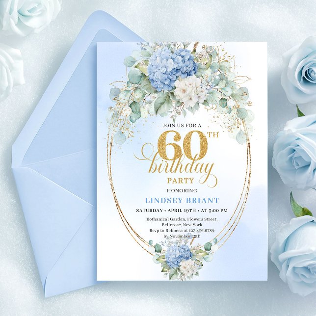 Convite Flores Azuis Pastel Boêmios Clássicos Aniversário  (Classic Bohemian Pastel Blue Flowers 60th Birthday)
