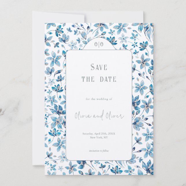 Convite Flores Azuis Pequenas Casando Salve a Data (Frente)