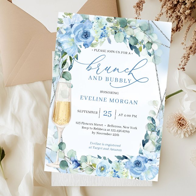 Convite Flores azuis, poeirentas, chocadeiras e espumantes (modern watercolor light pastel blue flowers eucalyptus silver brunch and bubbly invitation)