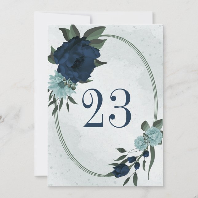 Convite &Flores azuis poeirentas de marinho número geométr (Frente)