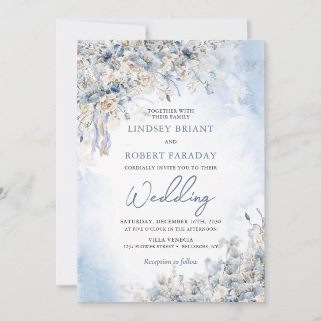 Convite Flores azuis poeirentas e rosas brancas Elegantes  (Frente)