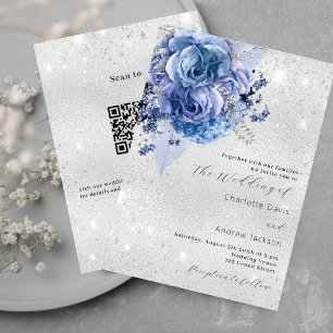 Convite Flores azuis prateadas código QR RSVP detalhes do