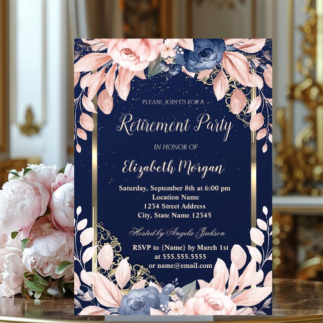 Convite Flores Azuis Quadro Dourado Reforma Azul-Marinho (Criador carregado)