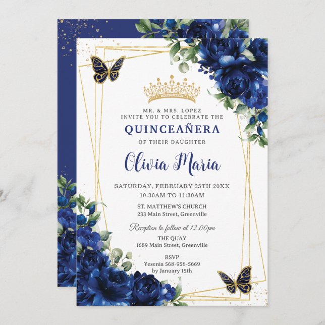 Convite Flores Azuis Reais Quinceañera Borboletas (Frente/Verso)