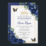 Convite Flores Azuis Reais Quinceañera Borboletas<br><div class="desc">Personalize este bonito convite de 16 anos de Quinceañera, floral azul real, Quinceañera, fácil e rápido. Basta clicar no botão personalizar para editar os textos, alterar as fontes e as cores das fontes. Apresentando vibrantes flores azuis reais, borboletas e sotaques dourados. Itens correspondentes disponíveis no repositório. c) Paperie fina de...</div>