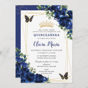 Convite Flores Azuis Reais Quinceañera Borboletas