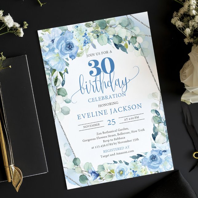 Convite Flores azuis romanas eucalipto e 30 prateado (30th birthday invitation with watercolor blue flowers eucalyptus and silver frame)