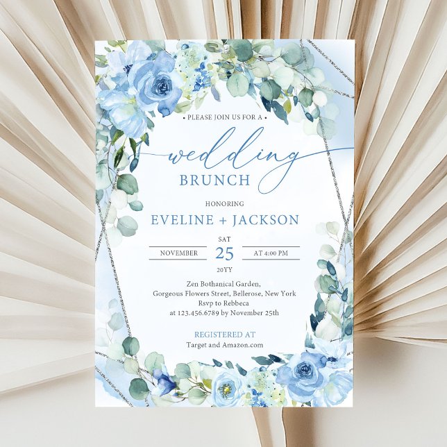 Convite Flores azuis românticas e brunch de casamento de e (modern watercolor blue flowers mixed eucalyptus greenery and siver frame wedding brunch invitation )