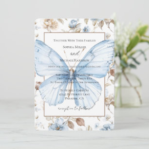 Convite Flores Azuis Românticas Folhas Borboleta Casamento