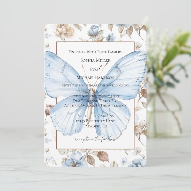 Convite Flores Azuis Românticas Folhas Borboleta Casamento (Em pé/Frente)