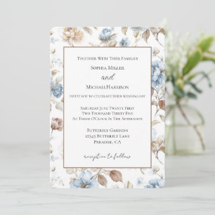 Convite Flores Azuis Românticas Folhas Marrons Casamento E