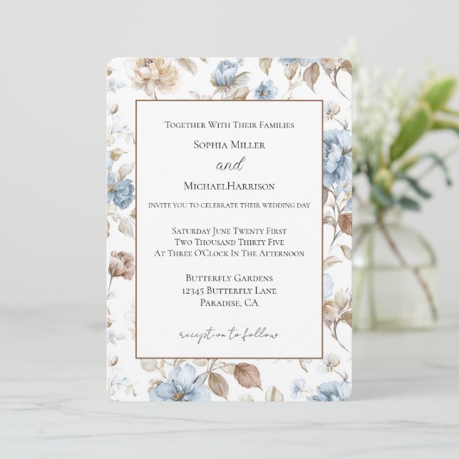 Convite Flores Azuis Românticas Folhas Marrons Casamento E (Em pé/Frente)
