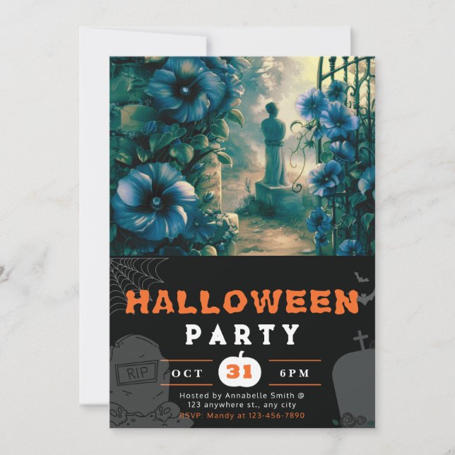 Convite Flores Azuis Sinistras de Cemitério no Halloween (Frente)