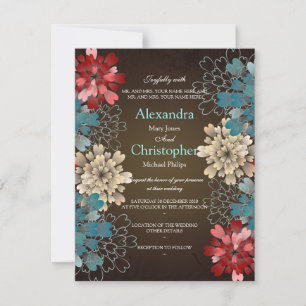 Convite Flores Azuis Vermelhas e Creme Casamento Retroativ