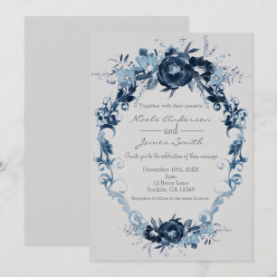 Convite Flores Azuis Vintage Elegante Casamento Floral