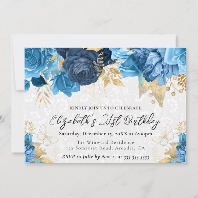 Convite Flores Azul e Dourado em Aquarela para 21º Anivers (Frente)