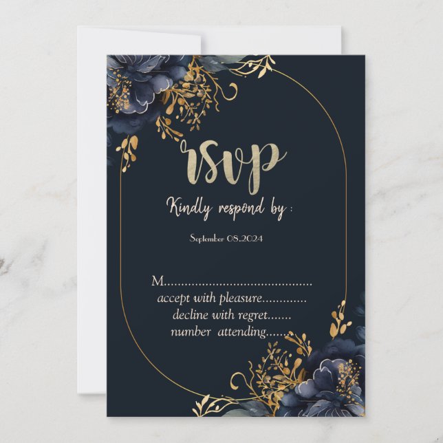 Convite Flores Azul-Marinho Elegantes RSVP (Frente)