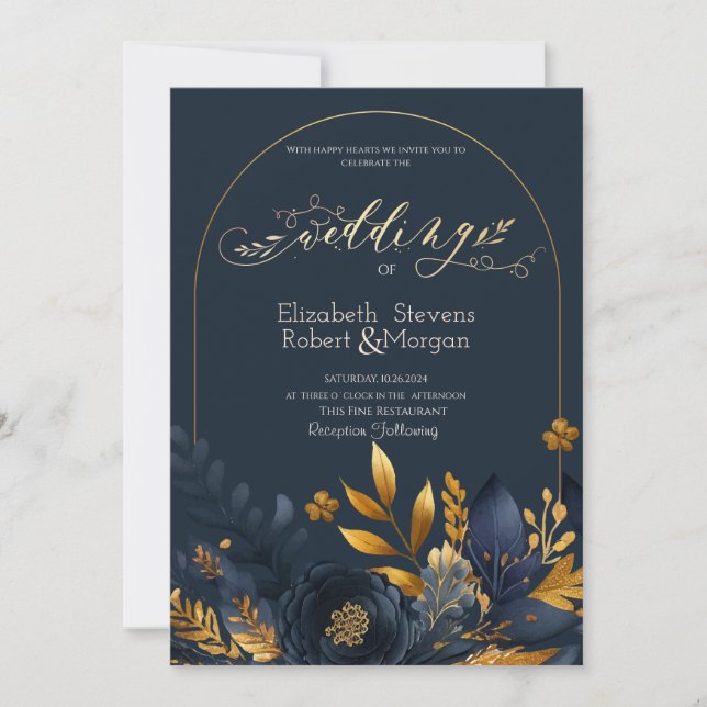 Convite Flores Azul-Marinho Folhas Douradas  Casamento (Frente)