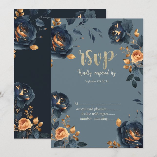 Convite Flores Azul-Marinho Folhas Douradas  RSVP (Frente/Verso)