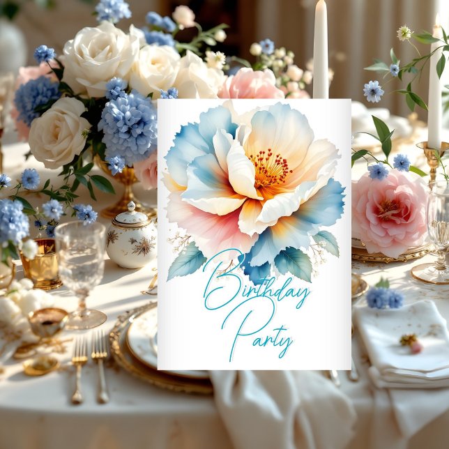 Convite Flores Azul-Rosa Azul Delicadas com Festa de anive (Criador carregado)