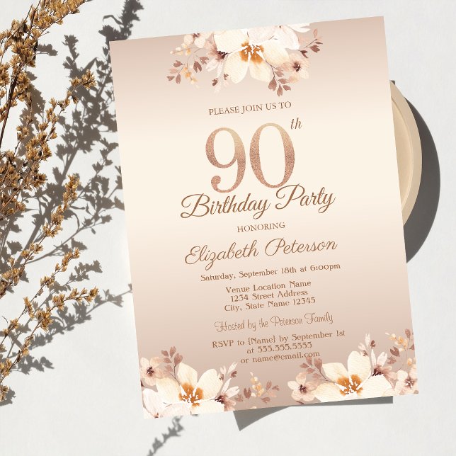 Convite Flores Bege Elegantes Aniversário de 90 anos   (Criador carregado)