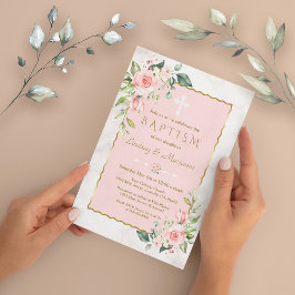 Convite Flores-Blush-Glam-Rosa Douradas Gêmeas-mármore Bat