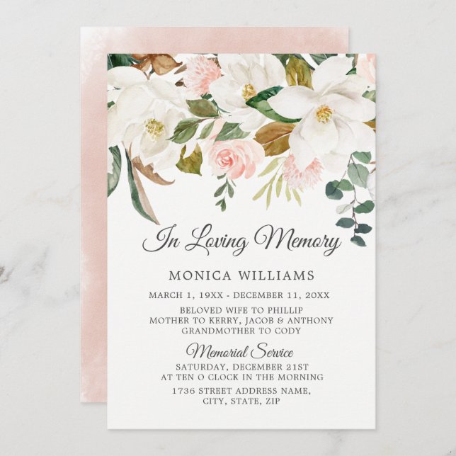 Convite Flores Blush & White No Amante Serviço Memorial (Frente/Verso)