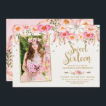 Convite Flores Boêmianas Rosa Esbranquiçadas Doce 16 Anive<br><div class="desc">Convite de 16 anos feminino com lindíssimos cor-de-rosa e cor-de-água borrifada,  dragamcatcher floral e faux gold confetti</div>