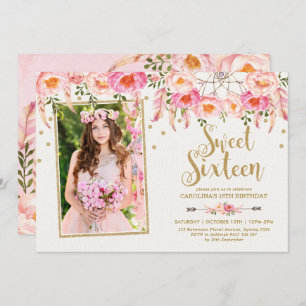 Convite Flores Boêmicas Rosa Brilhantes Doce 16 Aniversári