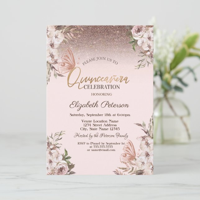 Convite Flores Boho Borboletas Brilhantes Quinceañera (Em pé/Frente)