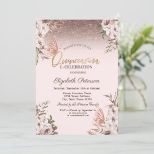 Convite Flores Boho Borboletas Brilhantes Quinceañera
