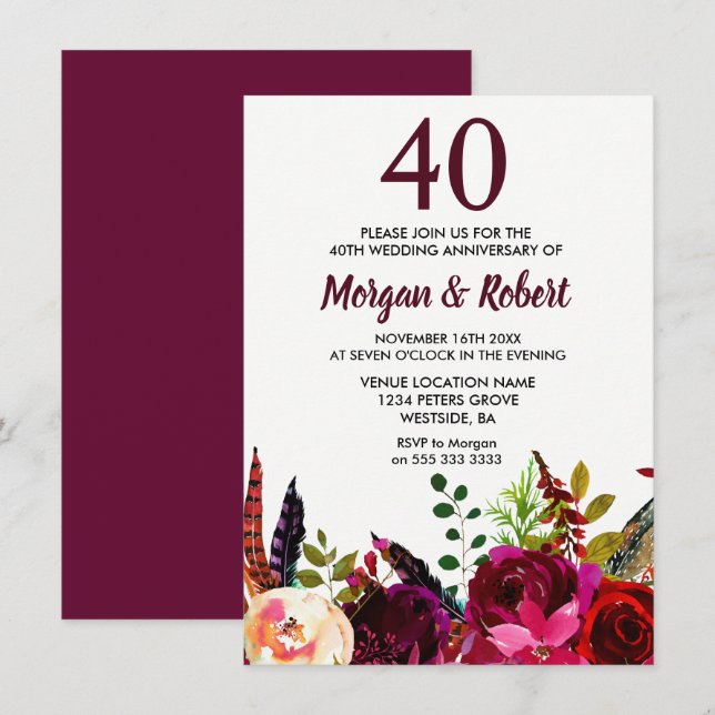 Convite Flores Boho Borgonha Aniversário de Casamento de 4 (Frente/Verso)