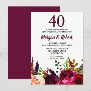 Convite Flores Boho Borgonha Aniversário de Casamento de 4