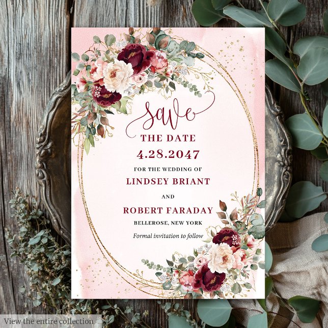 Convite Flores Boho Borgonha Bege Dourado Rosas Salvar Dat (Floral Boho Burgundy Blush Gold Roses Save the Date

)