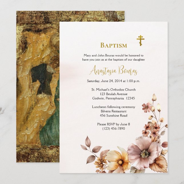 Convite Flores Boho Caprichosas Batismo Ortodoxo Cristão (Frente/Verso)