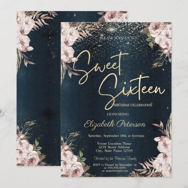 Convite Flores Boho Confete Azul Escuro Sweet 16 (Frente/Verso)