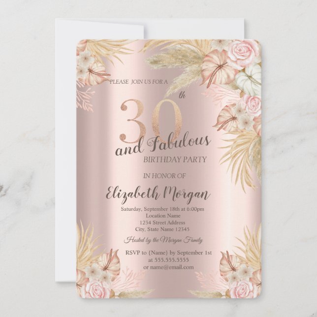 Convite Flores Boho, Grama das Pampas Rosa Dourado Anivers (Frente)