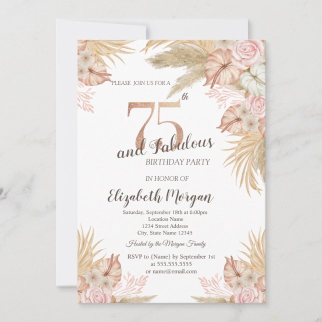 Convite Flores Boho, Grama de Pampas Aniversário de 75 ano (Frente)