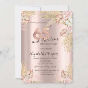 Convite Flores Boho, Grama de Pampas Dourado Rosa Aniversá