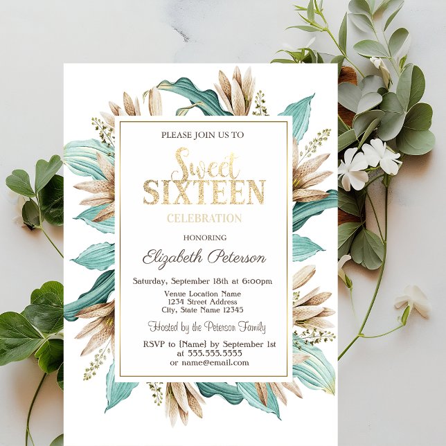 Convite Flores Boho Grama Sweet 16 (Criador carregado)
