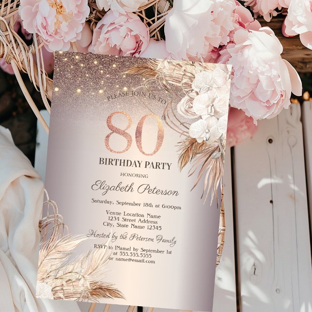 Convite Flores Boho, Luzes de Corda Brilho 80º Aniversário (Criador carregado)